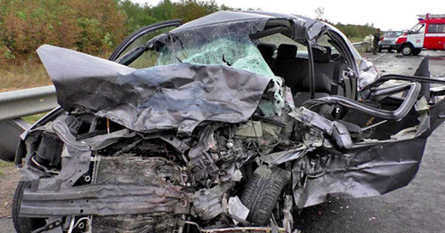 At the site of road accident, involving the car of Ibragim Lyanov, the head of the administration of the Djeirakh District of Ingushetia, October 27, 2014. Photo: Road Police Administration for the Northern Disctrict of the Russian Federation At the site of road accident, involving the car of Ibragim Lyanov, the head of the administration of the Djeirakh District of Ingushetia, October 27, 2014. Photo: Road Police Administration for the Northern Disctrict of the Russian Federation