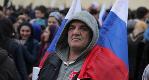 Rally in support of Russia's incorporation of the Crimea, Grozny, March 18, 2015. Photo by Akhmed Aldebirov for the ‘Caucasian Knot’. 