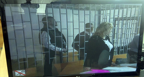 Screen of a video broadcasting of the court session on the case  against Karpyuk and Klykh. Photo by Murad Muradov for the "Caucasian Knot"