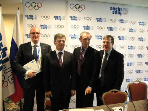 From left to rights: Dmitri Chernyshenko, Director General of Sochi-2014 Organizing Committee; Dmitri Kozak, Russian Vice-Premier of the Government of the Russian Federation; Jean-Claude Killi, Chairman of IOC Commission; Gilbert Felly, IOC Executive Director. Sochi, April 15, 2010. Photo by the "Caucasian Knot" 

