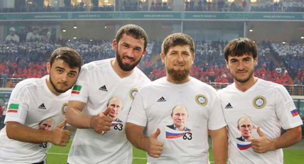 Magomed Daudov, Speaker of the Parliament of Chechnya (second to the left), the head of Chechnya Ramzan Kadyrov, and other members of the amateur football team called Leader-63. Photo: http://fc-terek.ru/118/#_611,6301