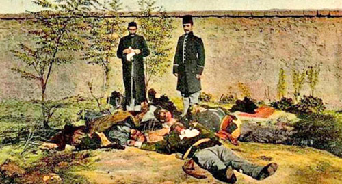 Muslims killed in Baku; Consul arrives to witness bodies. Iranian postcard. Photo: Carte Postale de Perse http://ru.wikipedia.org/ Muslims killed in Baku; Consul arrives to witness bodies. Iranian postcard. Photo: Carte Postale de Perse http://ru.wikipedia.org/