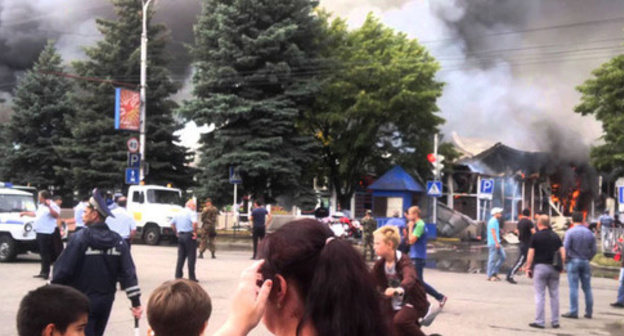 Fire in the Turgenev marketplace in Cherkessk, August 7, 2014. Photo: screenshot of the video posted by Roman Roman, https://www.youtube.com/watch?v=-yUAZB3irU8 Fire in the Turgenev marketplace in Cherkessk, August 7, 2014. Photo: screenshot of the video posted by Roman Roman, https://www.youtube.com/watch?v=-yUAZB3irU8