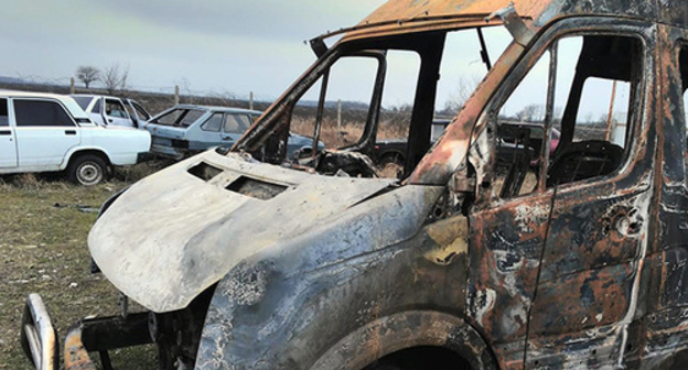Burnt car of the members of the "Committee against Torture" (CAT). March 10, 2016. Photo courtesy of Djambulat Ozdoev, Ombudsman of Ingushetia Burnt car of the members of the "Committee against Torture" (CAT). March 10, 2016. Photo courtesy of Djambulat Ozdoev, Ombudsman of Ingushetia