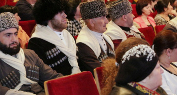 Cherkessk, Drama Theater, May 3, 2014. The participants of the assembly dedicated to the deportation victims. Photo: press service of the head of the republic, http://kchr.ru/news/detailed/16402 Cherkessk, Drama Theater, May 3, 2014. The participants of the assembly dedicated to the deportation victims. Photo: press service of the head of the republic, http://kchr.ru/news/detailed/16402