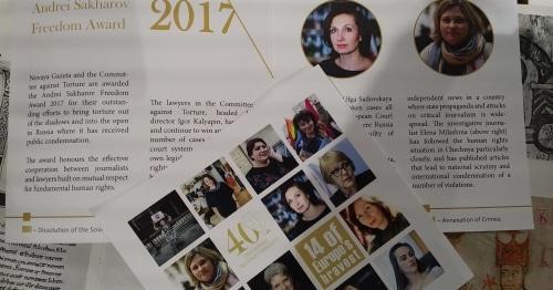 Booklet dedicated to the 40th anniversary of Norwegian Helsinki Committee, pages about laureates of 2017 Andrei Sakharov Award, November 23, 2017. Photo by Grigory Shvedov for the Caucasian Knot. Booklet dedicated to the 40th anniversary of Norwegian Helsinki Committee, pages about laureates of 2017 Andrei Sakharov Award, November 23, 2017. Photo by Grigory Shvedov for the Caucasian Knot.