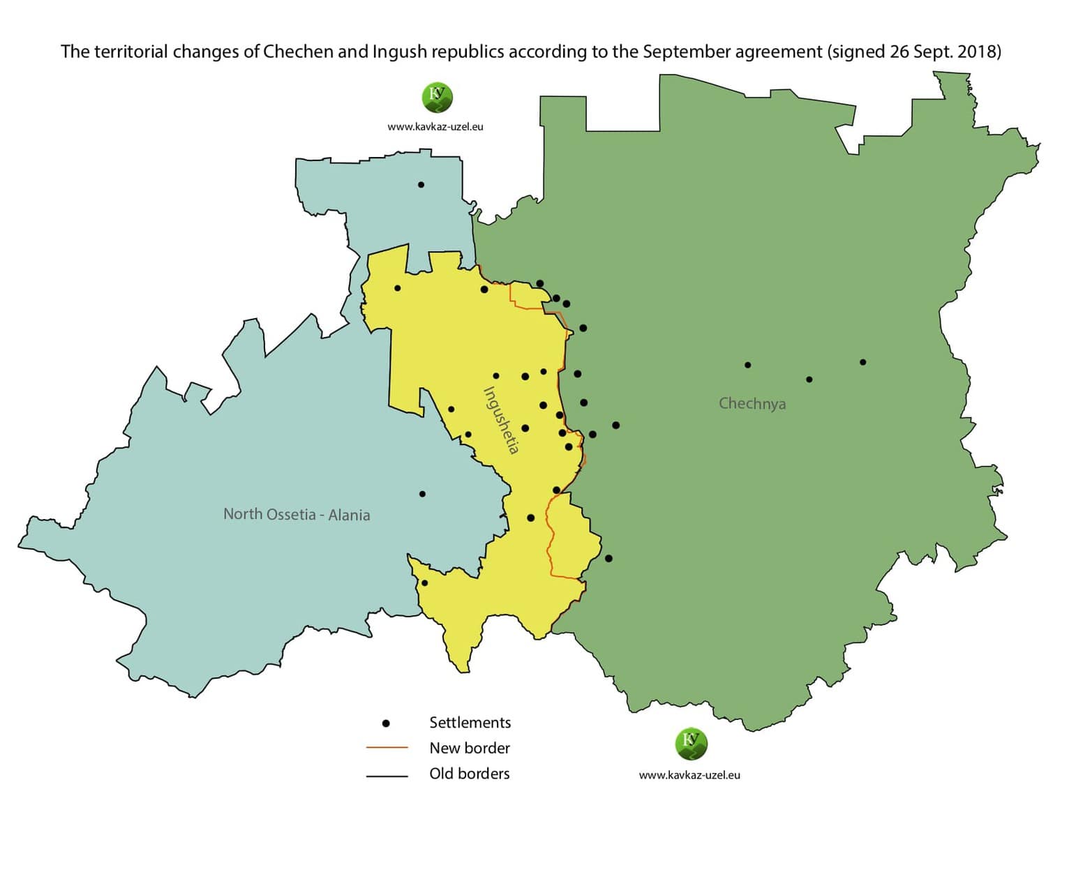 Territorial changes of Chechen and Ingush Republics according to the September agreement (signed 26 Sept. 2018). Map prepared by the Caucasian Knot Territorial changes of Chechen and Ingush Republics according to the September agreement (signed 26 Sept. 2018). Map prepared by the Caucasian Knot