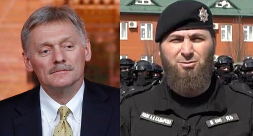 Dmitry Peskov and servicemen of the Akhmat Kadyrov Special Police Regiment. Collage made by the Caucasian Knot. Screenshot: https://ria.ru/20210318/chechnya-1601750993.html REUTERS/Evgenia Novozhenina