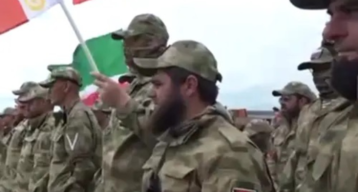 Volunteers preparing to go to Ukraine. Image made from video posted on Ramzan Kadyrov’s Telegram Channel on June 25, 2022, https://t.me/RKadyrov_95/2413 Volunteers preparing to go to Ukraine. Image made from video posted on Ramzan Kadyrov’s Telegram Channel on June 25, 2022, https://t.me/RKadyrov_95/2413