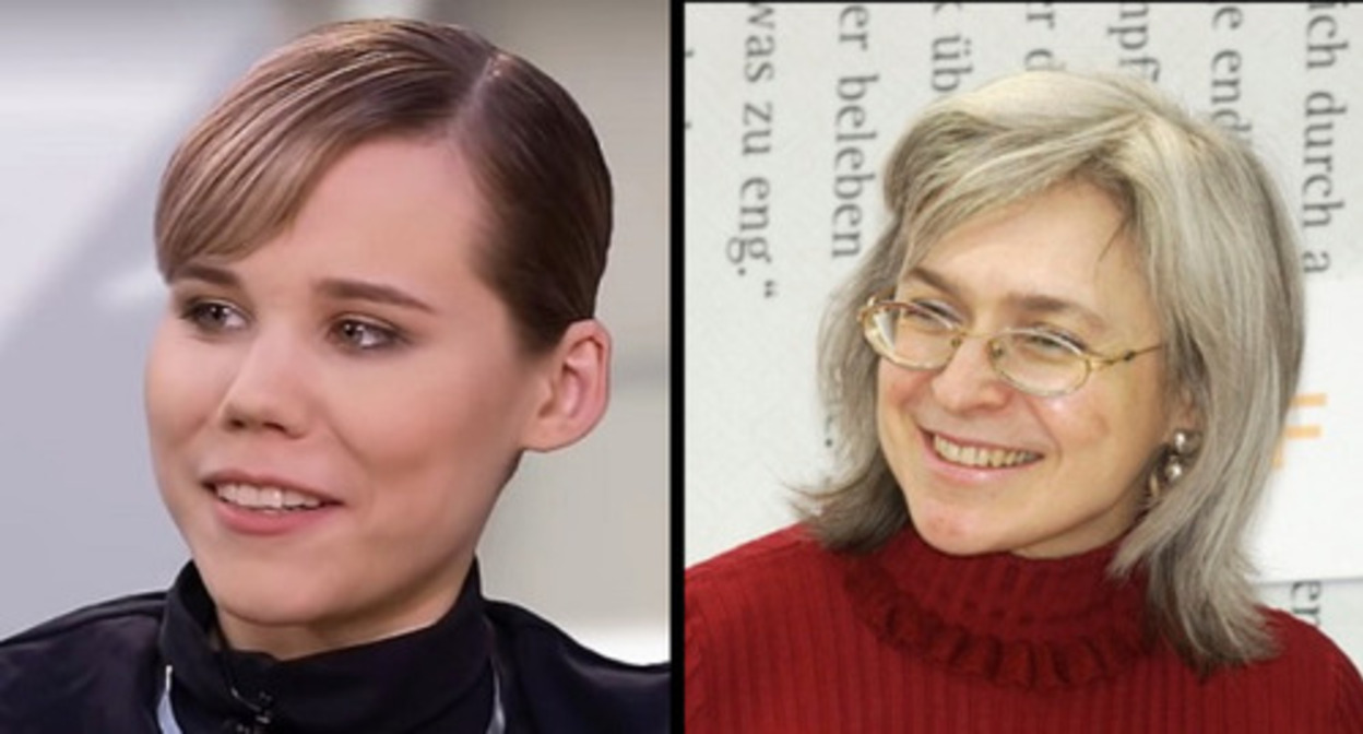 Darya Dugina, screenshot of the video by the 1RNK on YouTube https://www.youtube.com/watch?v=ORWXraoHsD4&t=90s / Anna Politkovskaya, photo by Blaues Sofa, wikimedia.org. Collage by the "Caucasian Knot" Darya Dugina, screenshot of the video by the 1RNK on YouTube https://www.youtube.com/watch?v=ORWXraoHsD4&t=90s / Anna Politkovskaya, photo by Blaues Sofa, wikimedia.org. Collage by the "Caucasian Knot"