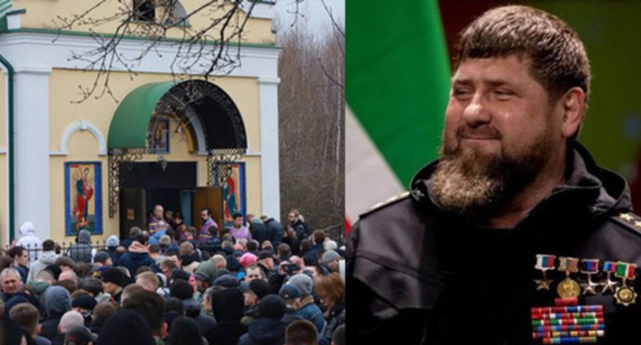 A protest action; Ramzan Kadyrov. Collage by the "Caucasian Knot". Photos: Grozny Inform; screenshot T.ME/KOZHUHOVOPHOTO A protest action; Ramzan Kadyrov. Collage by the "Caucasian Knot". Photos: Grozny Inform; screenshot T.ME/KOZHUHOVOPHOTO