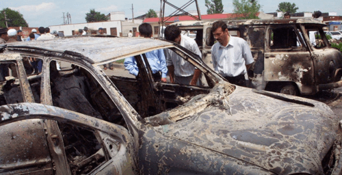 Consequences of the militants' attack on Ingushetia. Screenshot of the photo by "Fortanga" on June 2, 2020 https://fortanga.org/2020/06/16-let-nazad-boeviki-shamilya-basaeva-napali-na-ingushetiyu/ Consequences of the militants' attack on Ingushetia. Screenshot of the photo by "Fortanga" on June 2, 2020 https://fortanga.org/2020/06/16-let-nazad-boeviki-shamilya-basaeva-napali-na-ingushetiyu/
