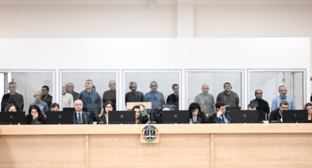 The defendants in the case against former leaders of Nagorno-Karabakh. Photo posted by the Azertac News Agency on January 17, 2025 https://azertag.az/ru/xeber/nachalsya_sud_nad_licami_obvinyaemymi_v_sovershenii_mnogochislennyh_prestuplenii_v_rezultate_voennoi_agressii_armenii-3377931