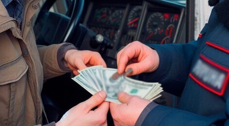 A driver gives a bribe to a police inspector. A conventional illustration created by the “Caucasian Knot” using AI in the Copilot software.
