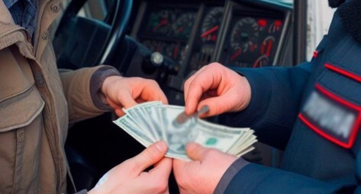 A driver gives a bribe to a police inspector. A conventional illustration created by the “Caucasian Knot” using AI in the Copilot software.
A driver gives a bribe to a police inspector. A conventional illustration created by the “Caucasian Knot” using AI in the Copilot software.