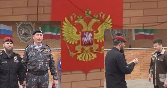 Awarding of Adam Kadyrov, Russian coat of arms without crosses. Collage by Caucasian Knot. May 12, 2025. Screenshot from video: https://lenta.ru/news/2025/05/13/na-nagrazhdenii-adama-kadyrova-zametili-gerb-rossii-bez-krestov/ https://t.me/RKadyrov_9"
