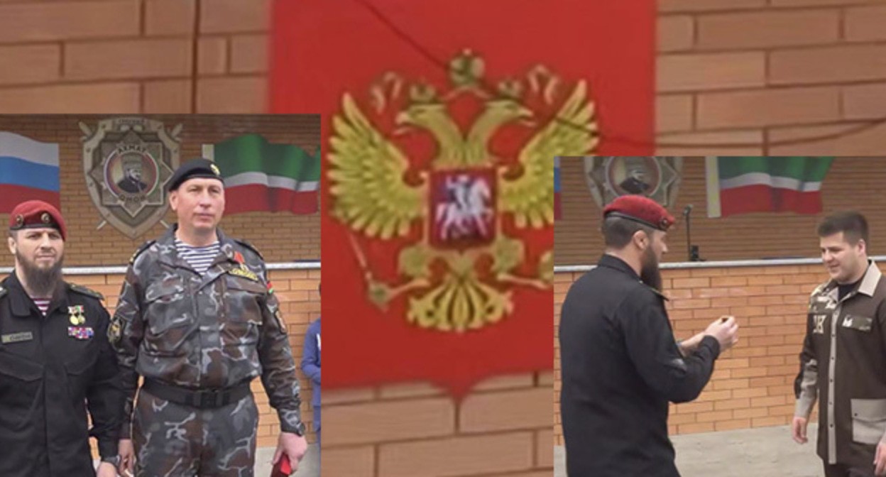 Awarding of Adam Kadyrov, Russian coat of arms without crosses. Collage by Caucasian Knot. May 12, 2025. Screenshot from video: https://lenta.ru/news/2025/05/13/na-nagrazhdenii-adama-kadyrova-zametili-gerb-rossii-bez-krestov/ https://t.me/RKadyrov_9"
Awarding of Adam Kadyrov, Russian coat of arms without crosses. Collage by Caucasian Knot. May 12, 2025. Screenshot from video: https://lenta.ru/news/2025/05/13/na-nagrazhdenii-adama-kadyrova-zametili-gerb-rossii-bez-krestov/ https://t.me/RKadyrov_9"