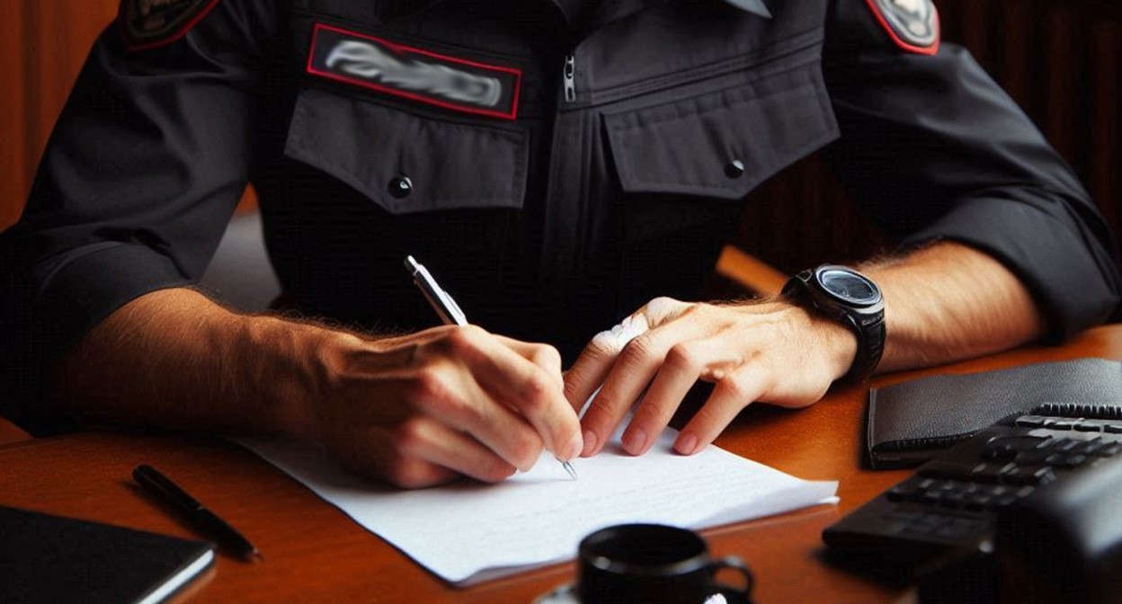A policeman records a denunciation: illustration created by the "Caucasian Knot" by using the AI in the Copilot software.
