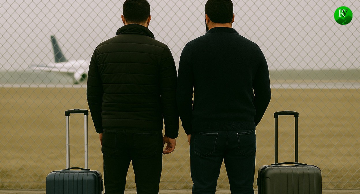 The men at the airport. Illustration created by the “Caucasian Knot” using AI in the Copilot software. The men at the airport. Illustration created by the “Caucasian Knot” using AI in the Copilot software.