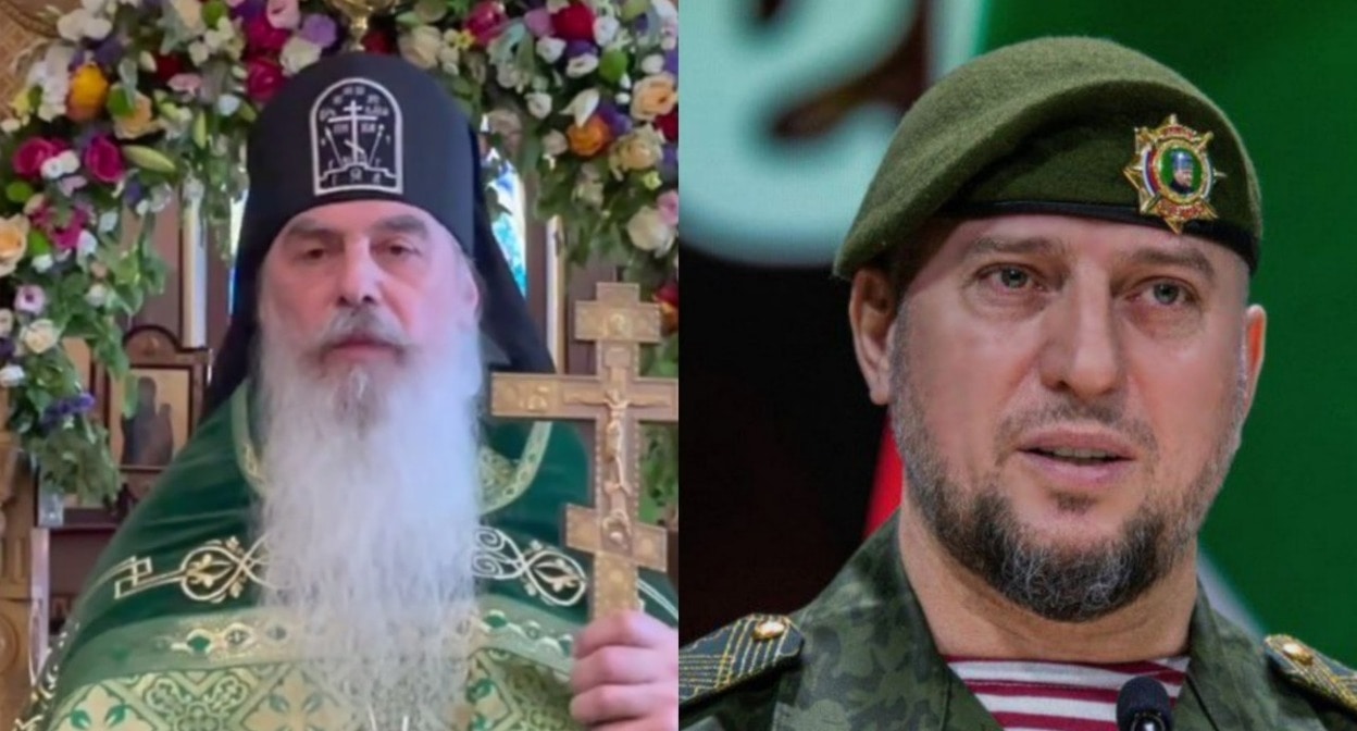 Schema-Abbot Gabriel and Apti Alaudinov. Collage by Caucasian Knot. Apti Alaudinov's TG-channels https://t.me/AptiAlaudinovAKHMAT/11368 and a still frame of the video "Sermons of Szygumen Gabriel" https://t.me/igumenN/1083 from 12.06.25.
