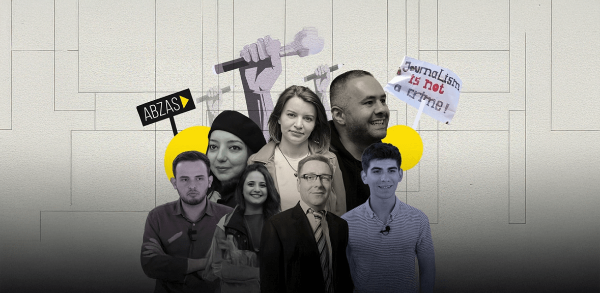 Journalists of the online outlet Abzas Media. Photo: https://www.meydan.tv/ru/article/prokuror-potreboval-nakazaniya-dlya-zhurnalistov-arestovannyh-po-delu-abzasmedia/
