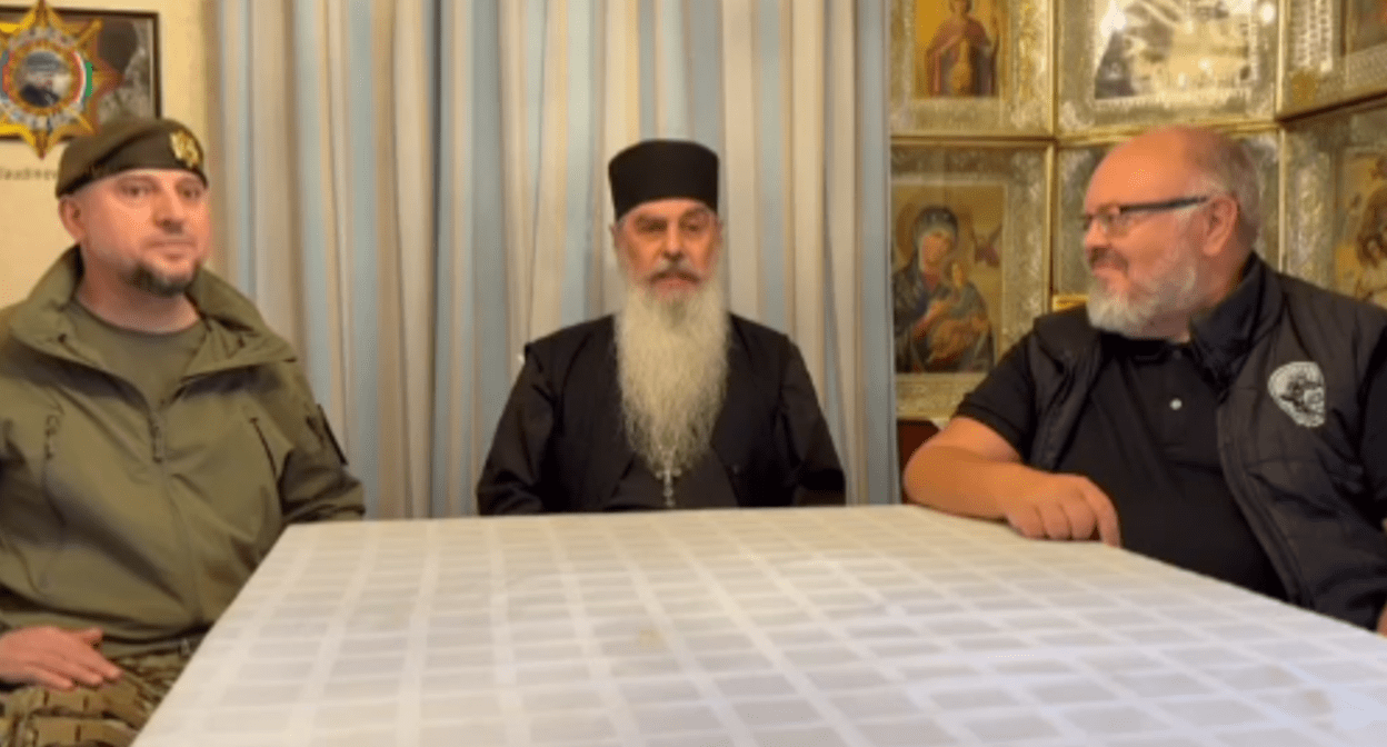 Apti Alaudinov, Schema-Abbot Gabriel, and Andrei Kormukhin (from left to right). Still frame from a video posted on the Apti Alaudinov’s Telegram channel and dated June 19, 2025, https://t.me/AptiAlaudinovAKHMAT/11559.
