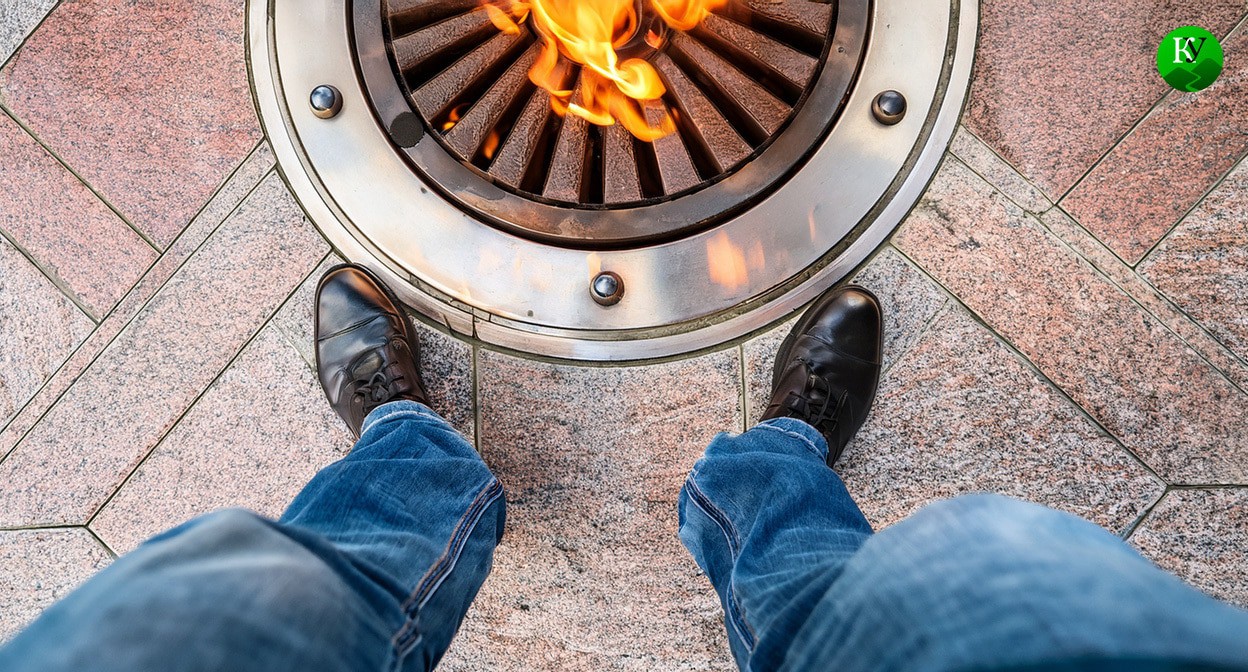 Warming his feet at the Eternal Flame. Illustration created by the "Caucasian Knot" using AI in Photoshop