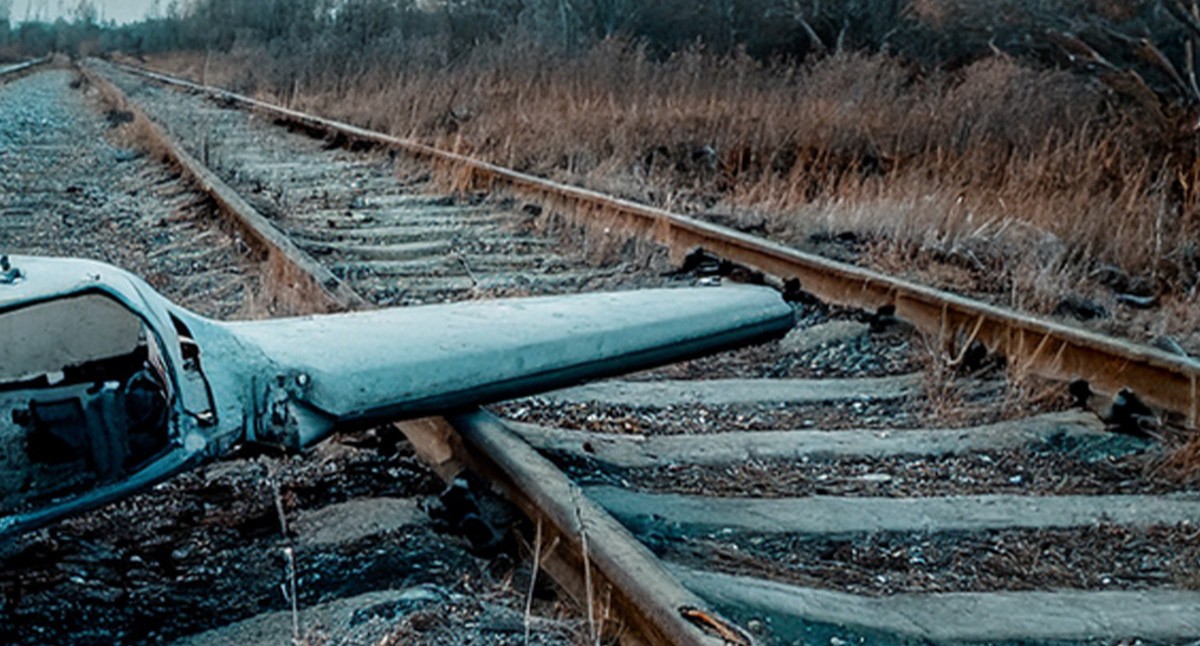 UAV wreckage on the railway. Illustration created by "Caucasian Knot" using AI in Photoshop
