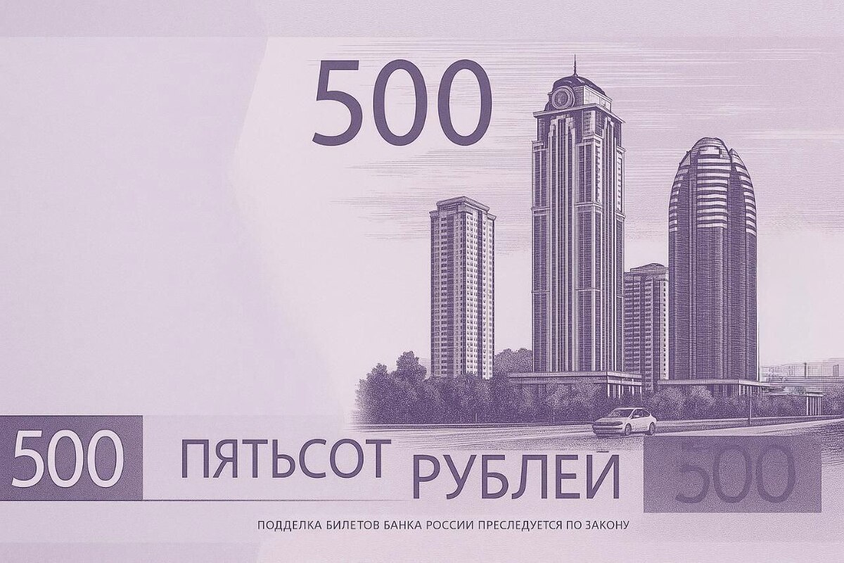 A sketch of the image "Grozny-City" on the 500-ruble banknote. Still from the Vainakh State Television and Radio Broadcasting Company.

