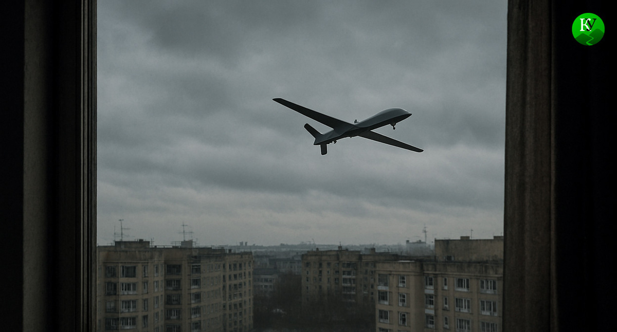 A drone over the city. Illustration created by the "Caucasian Knot" using AI software.