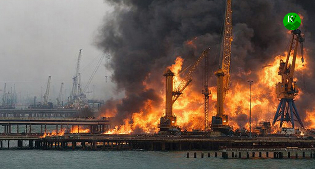 Fire in the port of Taman. Illustration created by the "Caucasian Knot" using AI in the Copilot program.