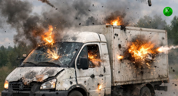 Drone attack on a Gazelle vehicle. Illustration created by Caucasian Knot using AI in the Copilot program.