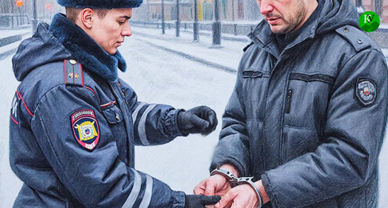 A police officer detains a man. Illustration created by Caucasian Knot using AI in the Copilot program.