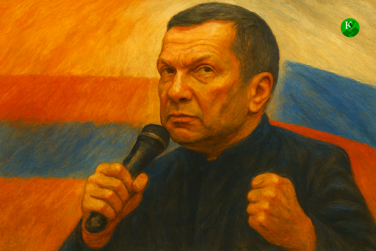 Vladimir Solovyov makes a threat. Illustration created by the "Caucasian Knot" using AI in the Copilot program.