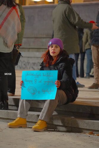 Photo of a protester in Tbilisi outside the parliament building with a poster: "To pass the bill, you need not only an ear, but also a brain." Photo: Mo Se / Facebook