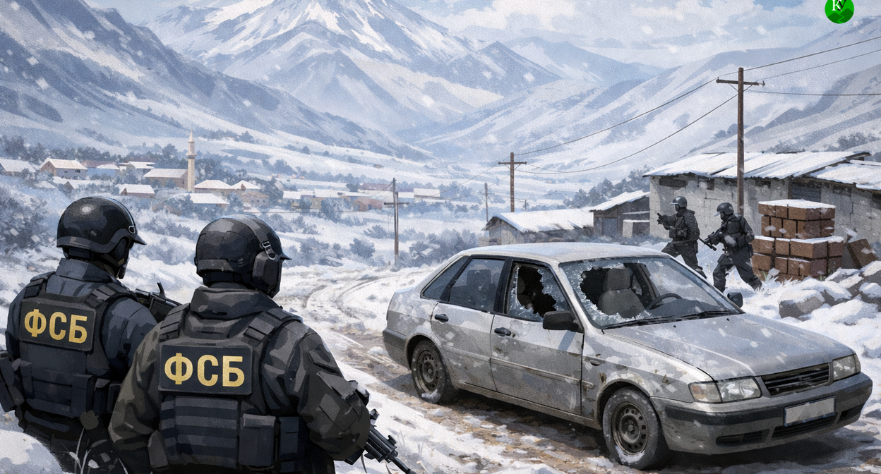 Shootout in Dagestan. Illustration created by Caucasian Knot using AI in ChatGPT.

