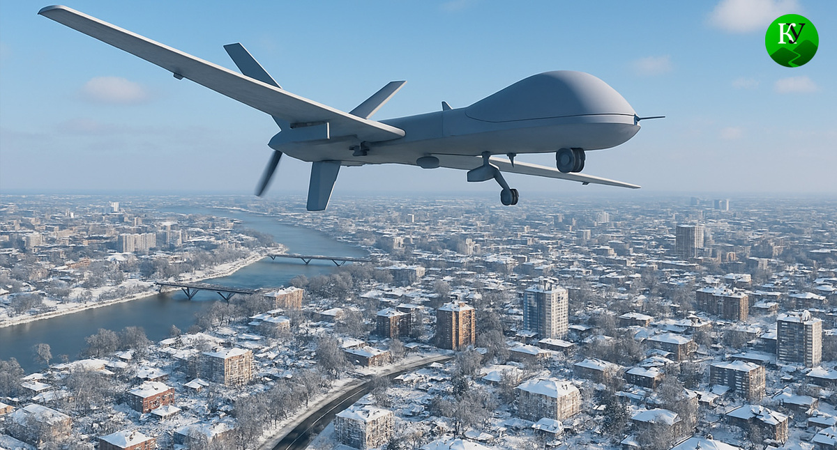 A drone over the city. Illustration created by the Caucasian Knot using AI in the Copilot program.