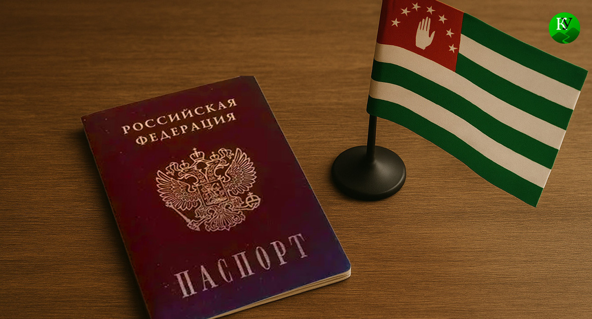 A Russian passport and the Abkhazian flag. Illustration created by the Caucasian Knot using AI in the Copilot program.