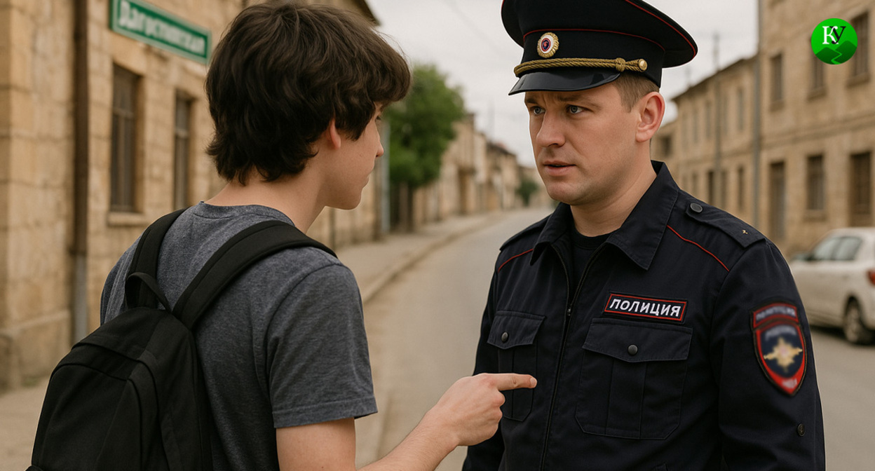 A schoolboy and a security officer. Image created by the "Caucasian Knot" using AI in the Copilot program.