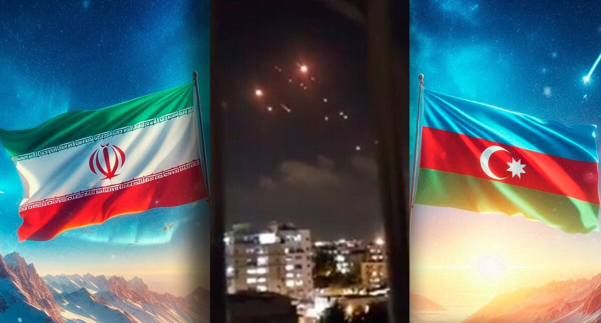 The flags of Iran and Azerbaijan, and the moment Iran attacked Israel. Collage by the "Caucasian Knot." Photo: Telegram channel "Podyom"