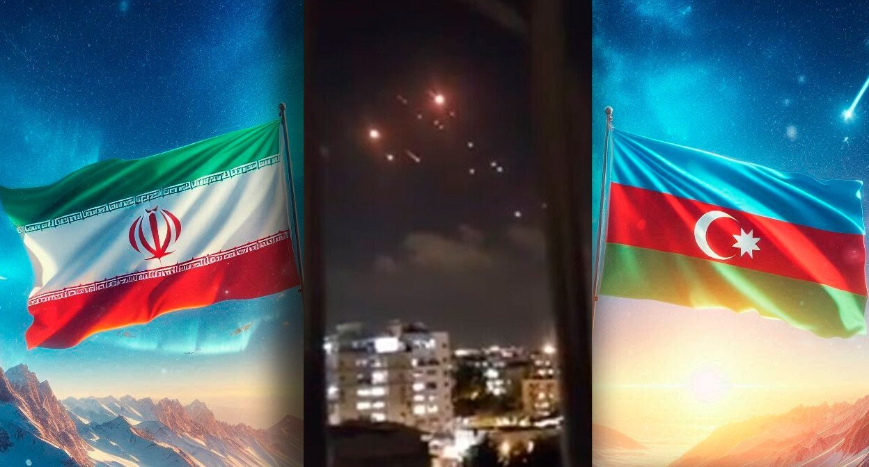 The flags of Iran and Azerbaijan, and the moment Iran attacked Israel. Collage by the "Caucasian Knot." Photo: Telegram channel "Podyom"