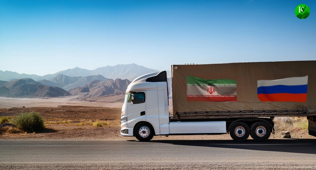 A truck with the flags of Iran and Russia. Illustration created by the "Caucasian Knot" using AI in Photoshop.