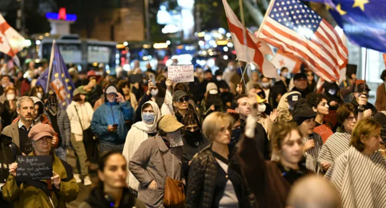 Participants in the protest in Tbilisi. Screenshot from Interpressnews photo from March 18, 2026, https://www.interpressnews.ge/ka/article/864949-organizatorebis-inpormaciit-21-marts-tbilisshi-xolo-22-marts-kutaisshi-dagegmili-saprotesto-marshebi-agar-chatardeba