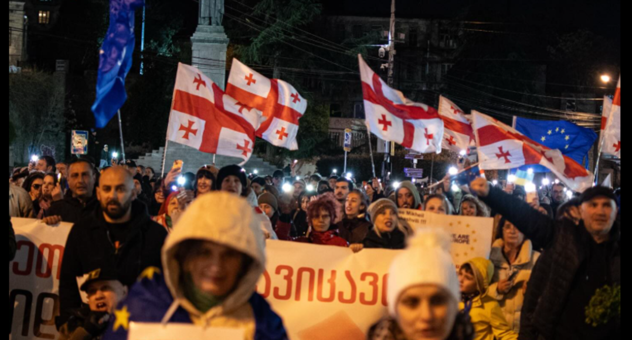 Participants in a march in Tbilisi. Screenshot from Publika photo from April 4, 2026, https://www.facebook.com/photo/?fbid=1723946605671549&set=pcb.1723946732338203 (Meta, the company that owns the social network, is banned in Russia).