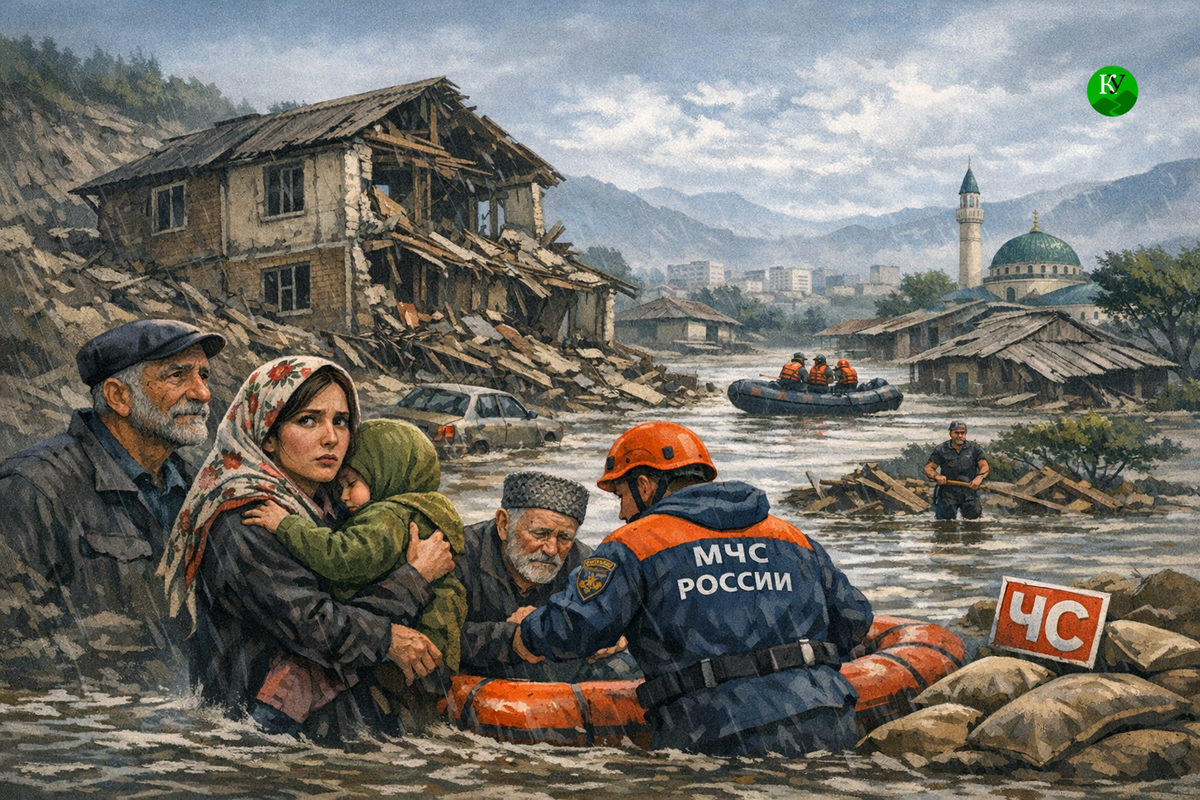 Flooding in Dagestan. Illustration created by the "Caucasian Knot" using AI in the Copilot program.