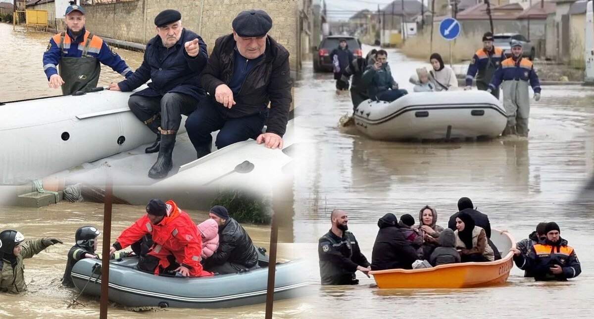 Using boats without oars in the flood zone of Dagestan. Collage by the "Caucasian Knot."