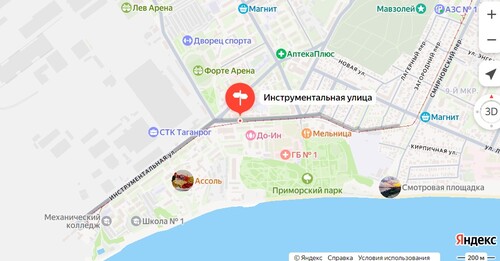 Screenshot of the Yandex Maps website https://yandex.ru/maps/971/taganrog/geo/instrumentalnaya_ulitsa/24049962/?ll=38.888631%2C47.204741&source=serp_navig&z=15