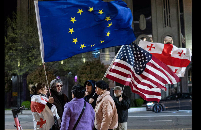 Protesters outside the Georgian parliament. Screenshot from Publika photo from April 19, 2026, https://www.facebook.com/photo?fbid=1736237834442426&set=pcb.1736237931109083 (Meta, the company that owns the social network, is banned in Russia).