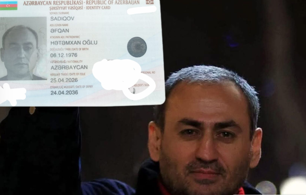 Afgan Sadygov with his new ID. Screenshot from Sevinj Sadygova's page, April 25, 2026, https://www.facebook.com/photo?fbid=1503949298000556&set=a.106173941111439 (Meta, the company that owns the social network, is banned in Russia).