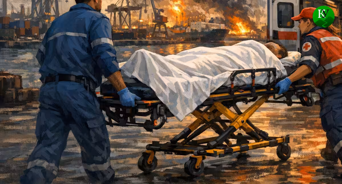 An ambulance and a victim of a drone attack. Illustration created by Caucasian Knot using AI in the Copilot program.
